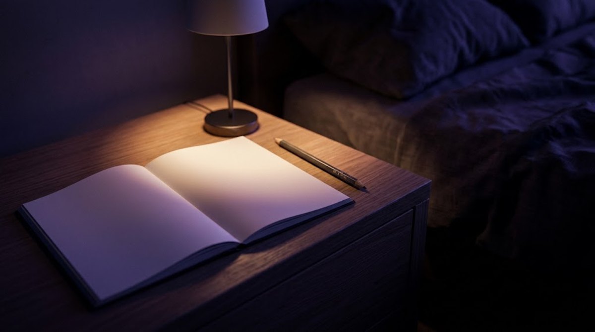 Otwarty notes z pustymi stronami i ołówek na szafce nocnej w ciemnej sypialni, oświetlone małą lampką.